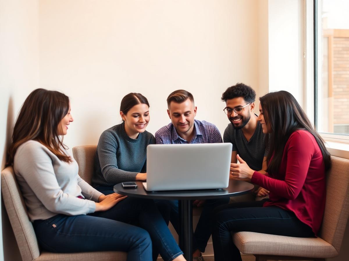 Kleine breakout groep werkt samen aan een laptop